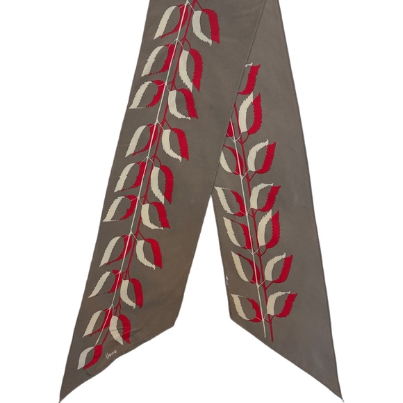 Vera Neumann Long Silk-Feel Scarf – Taupe with Red & Cream Leaves - Picture 4 of 6